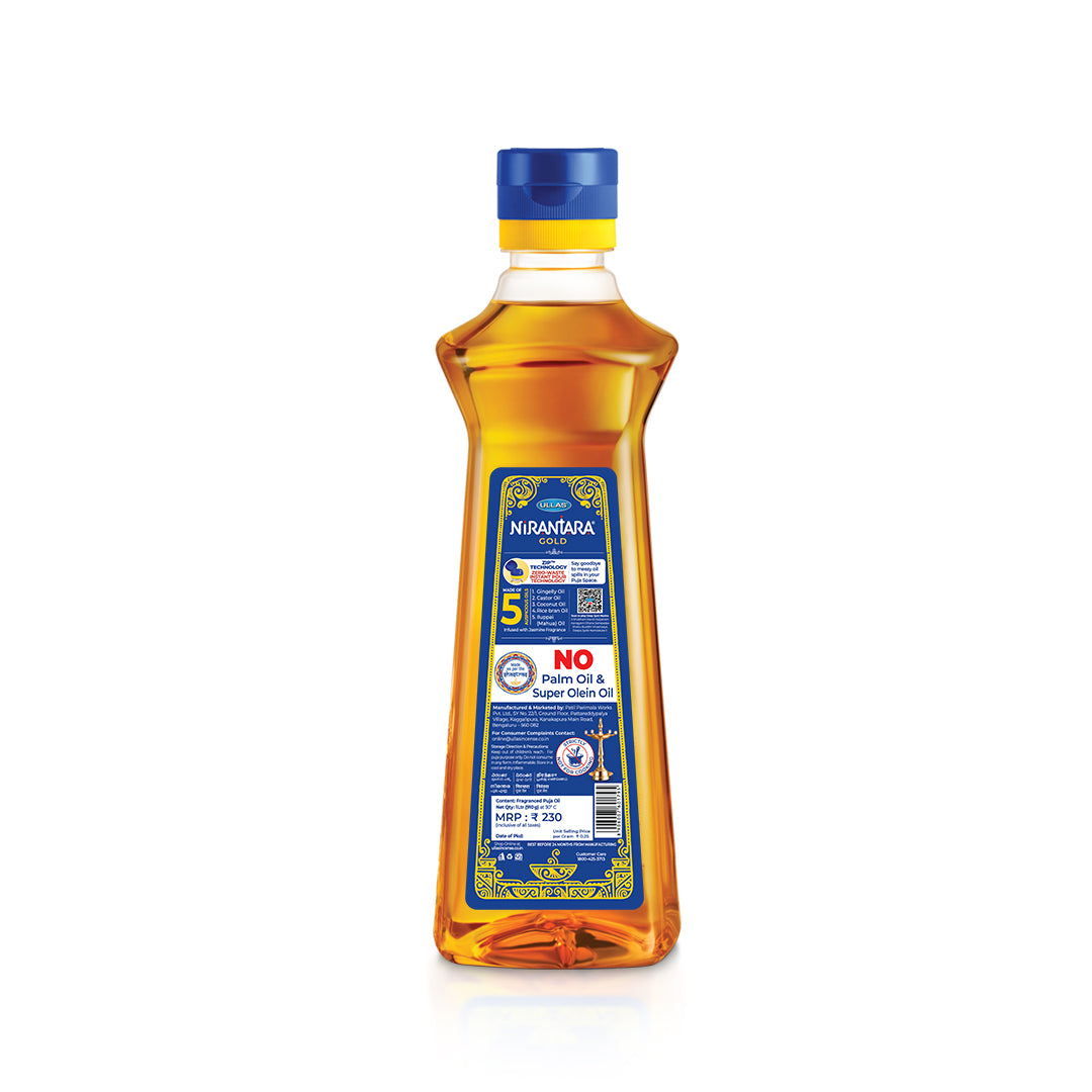 Nirantara Gold Divine Puja Oil | 1L (Pack of 1) | Pooja Made Pure | Jasmine Fragranced Pooja Oil | Blend of 5 Puja Oils |