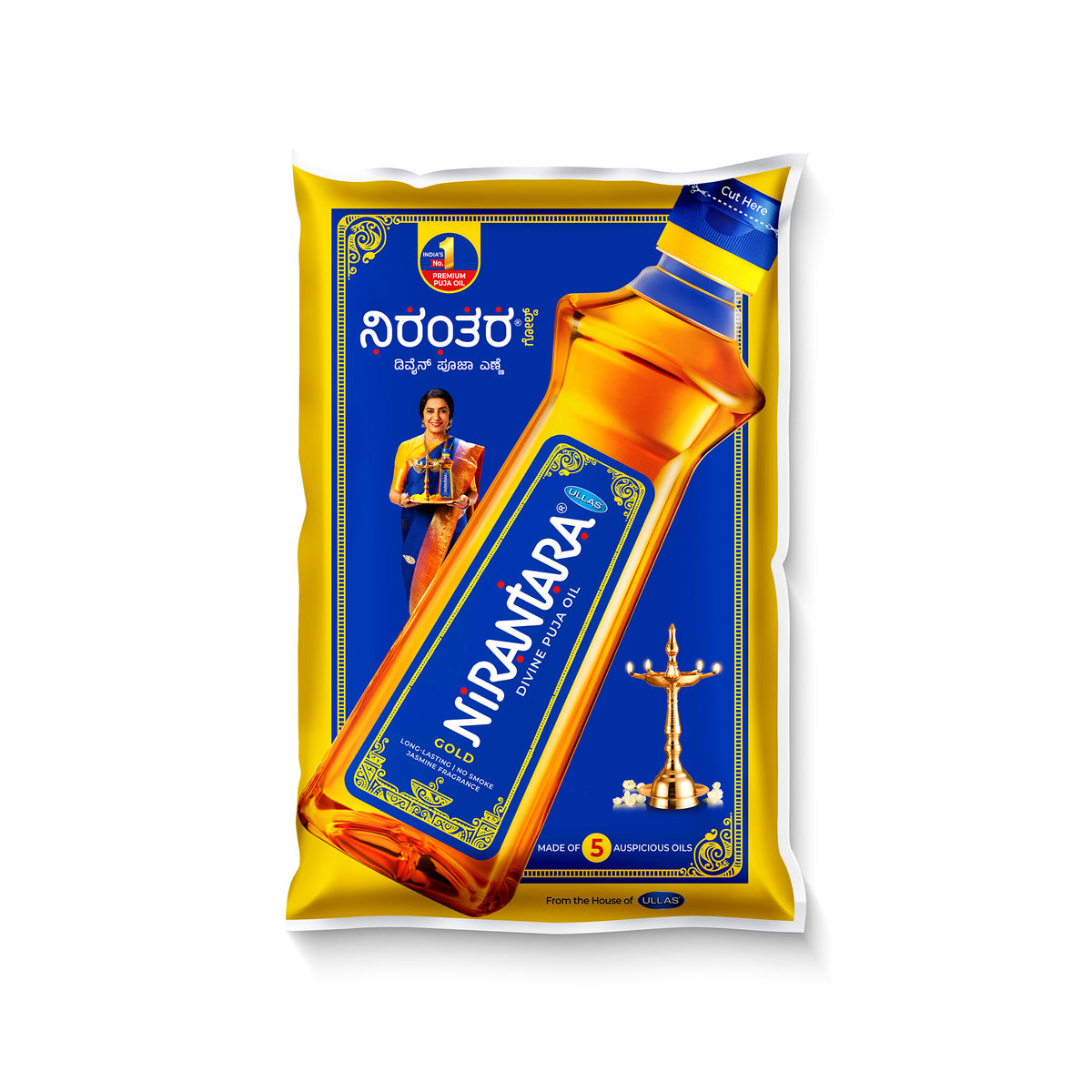 Nirantara Gold Divine Puja Oil-931ml Oil Pouch(1 Pack) - Jasmine Fragrance & Blend of 5 Oils