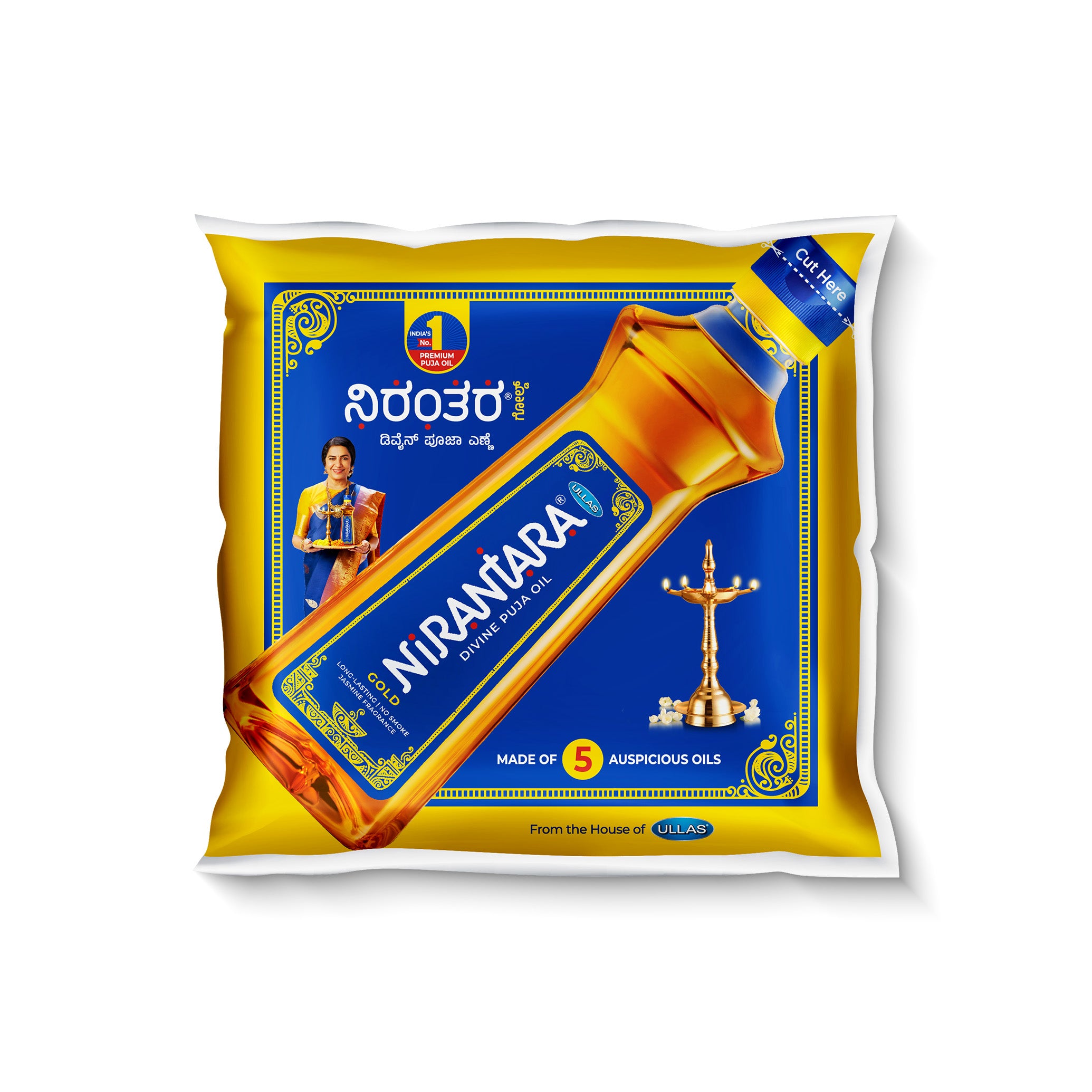 Nirantara Gold Divine Puja Oil-465ml Oil Pouch(4 Pack) - Jasmine Fragrance & Blend of 5 Oils