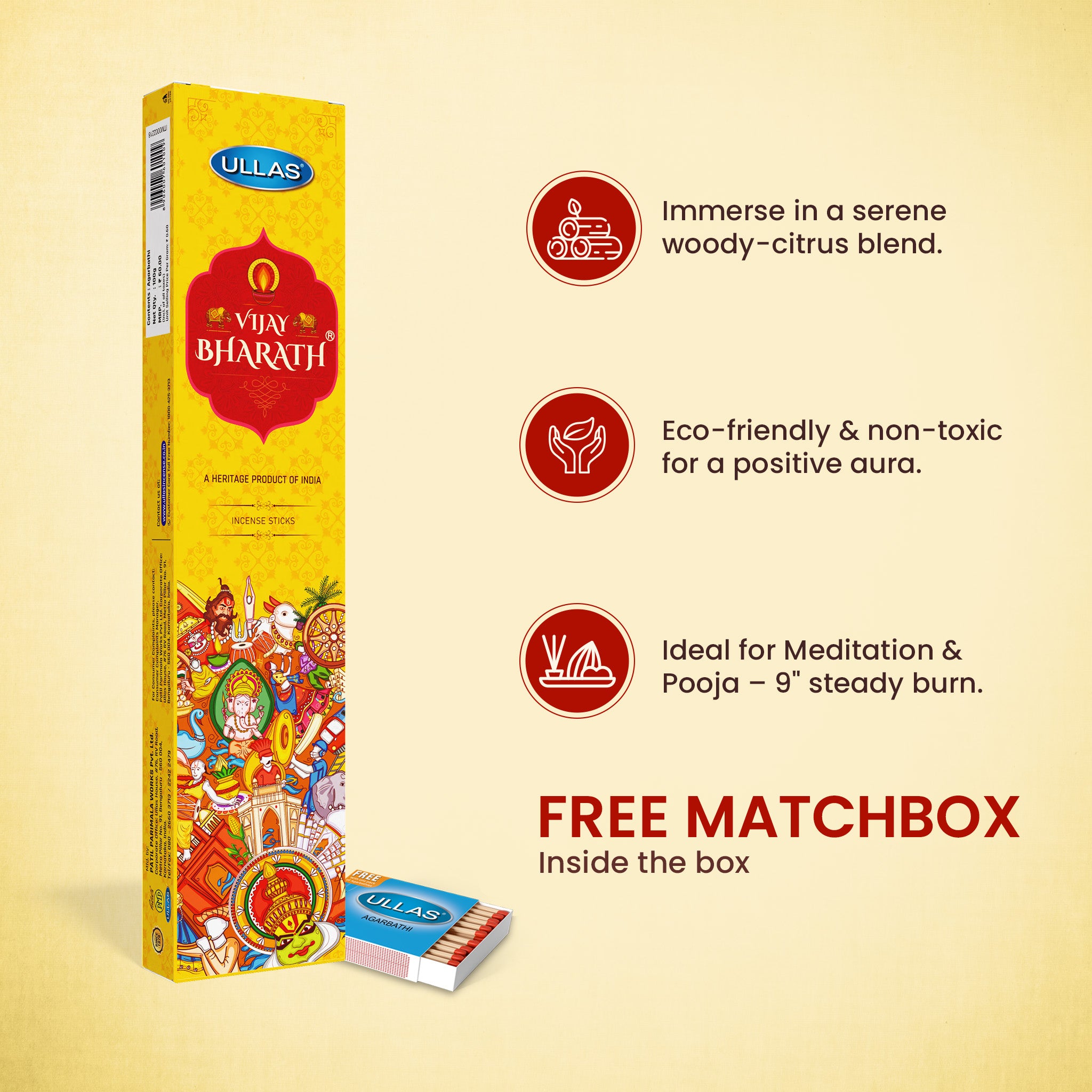 Ullas Vijay Bharath Agarbathi - Incense Sticks with Woody Fragrance (100g)