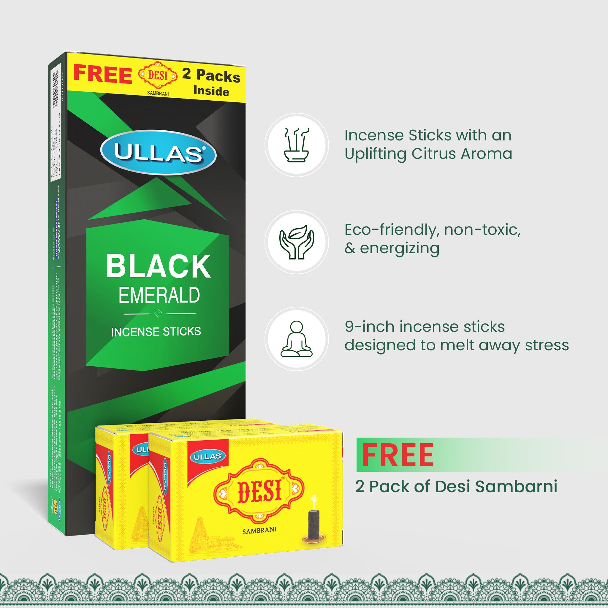 Ullas Black Emerald Agarbathi -  Incense Sticks with Citrus Fragrance (220g)