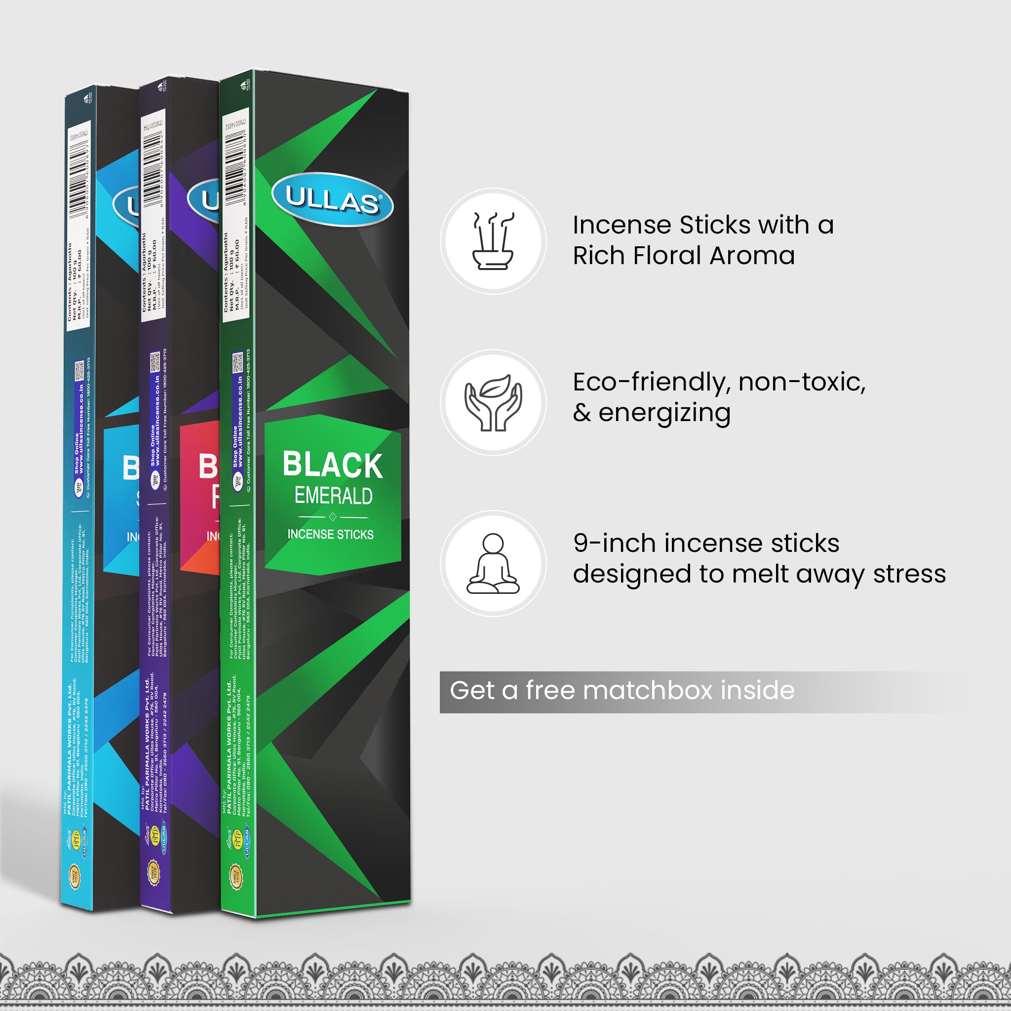 Ullas Black Series Agarbathi - Incense Sticks Pack of 3 - (100g per pack)