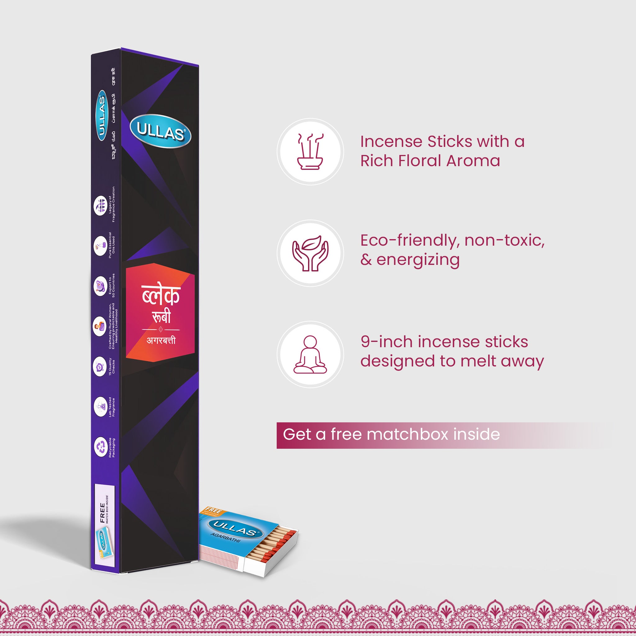 Ullas Black Ruby Agarbathi -  Incense Sticks with Floral Fragrance (100g)