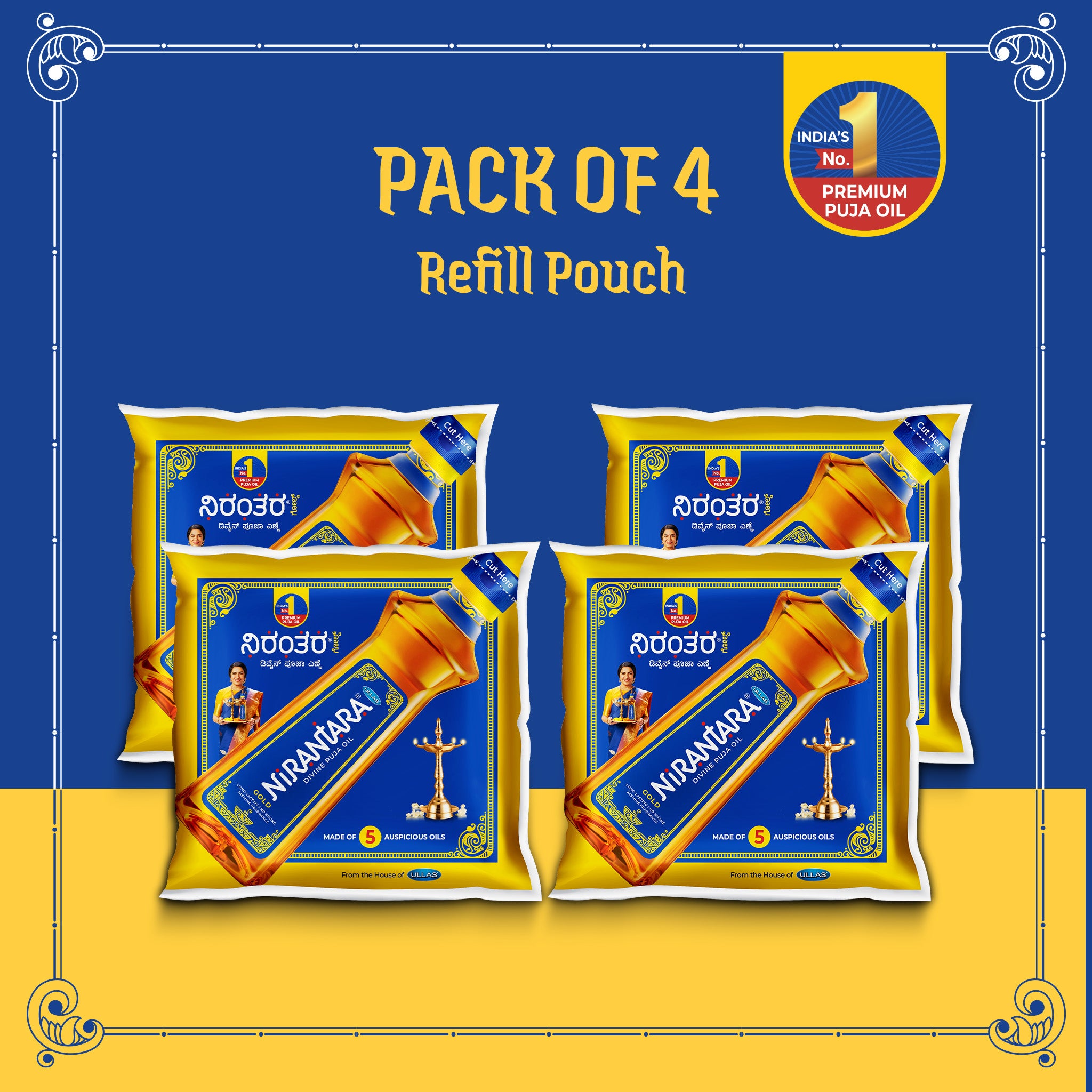 Nirantara Gold Divine Puja Oil-465ml Oil Pouch(4 Pack) - Jasmine Fragrance & Blend of 5 Oils