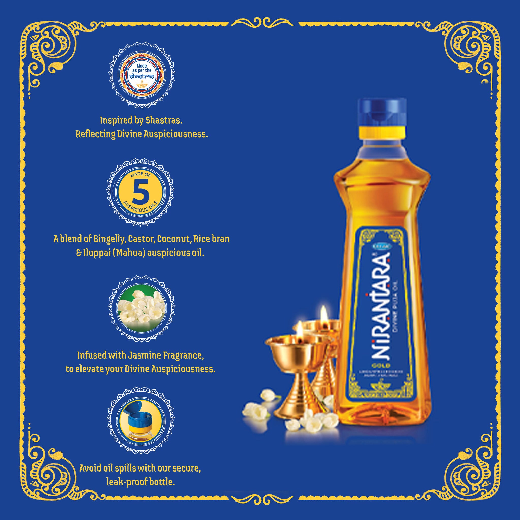 Nirantara Gold Divine Puja Oil | 500ML (Pack Of 1) | Pooja Made Pure | Jasmine Fragranced Pooja Oil | Blend of 5 Puja Oils |